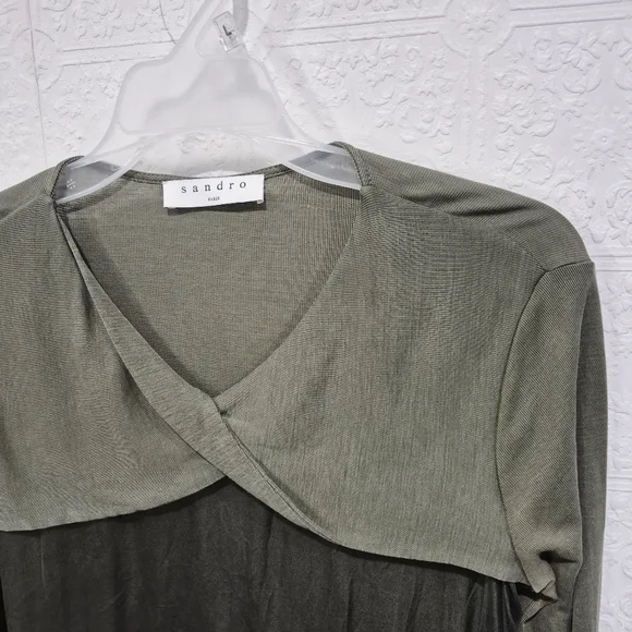 Sandro Silk-blend Twist Front Olive Green Long Sleeve Blouse - Picture 3 of 8
